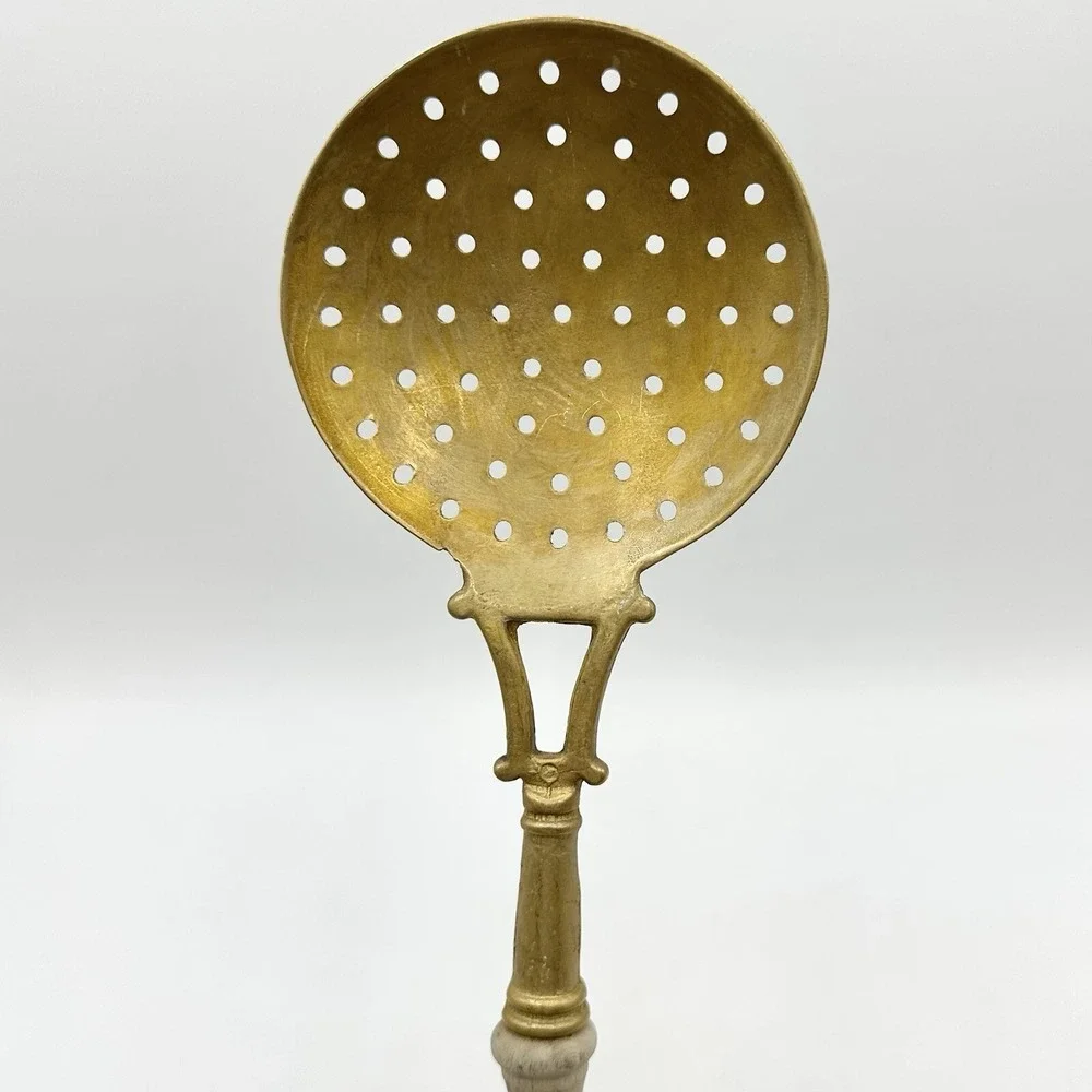 Vintage Metal Skimmer Slotted Spoon Ladle Utensil Wood Handle